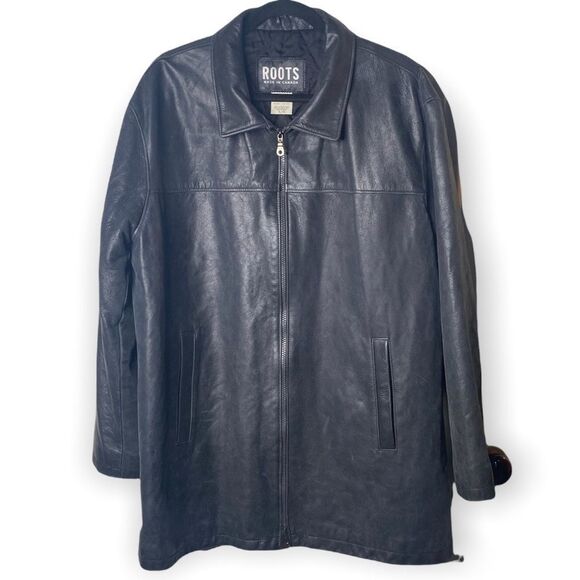 Roots “Richard” Leather Car Coat Vintage Black Treated size L Zip Front Y - Picture 4 of 16